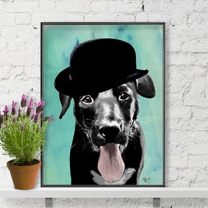 Labrador Black in Bowler Hat  Black Lab Retriever Dog Art Illustration Poster Wall Decor Wall Art Wall Hanging labrador print