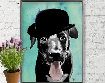 Labrador Black in Bowler Hat  Black Lab Retriever Dog Art Illustration Poster Wall Decor Wall Art Wall Hanging labrador print
