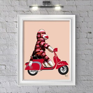 Sock Monkey on Moped Art Print – Whimsical Kids Wall Decor image 1