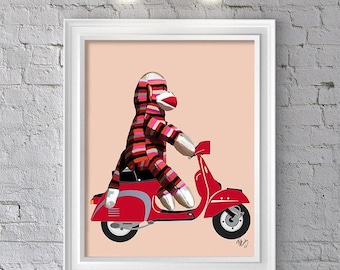 Sock Monkey on Moped Art Print – Whimsical Kids Wall Decor