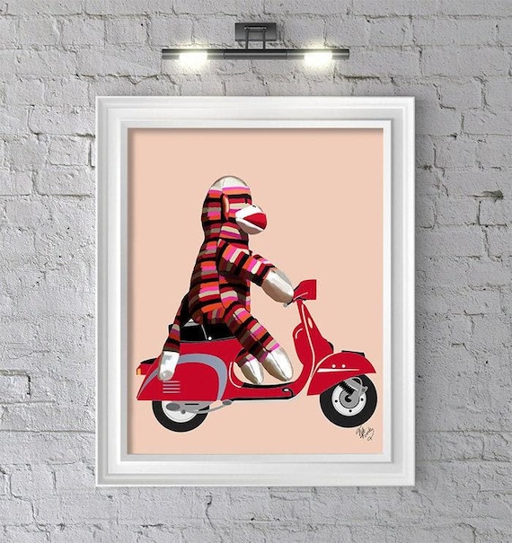 Sock monkey wall art -  Sock Monkey on Moped - Sock Monkey art Sock Monkey print kids wall print Unique kid gift childrens wall art