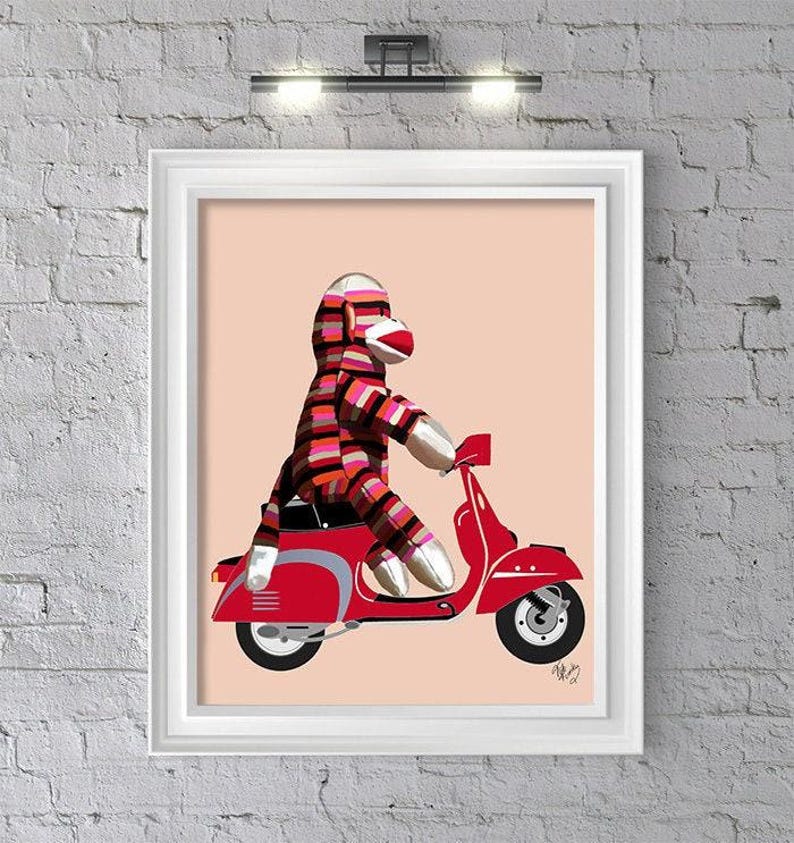 Sock Monkey on Moped Art Print – Whimsical Kids Wall Decor image 1