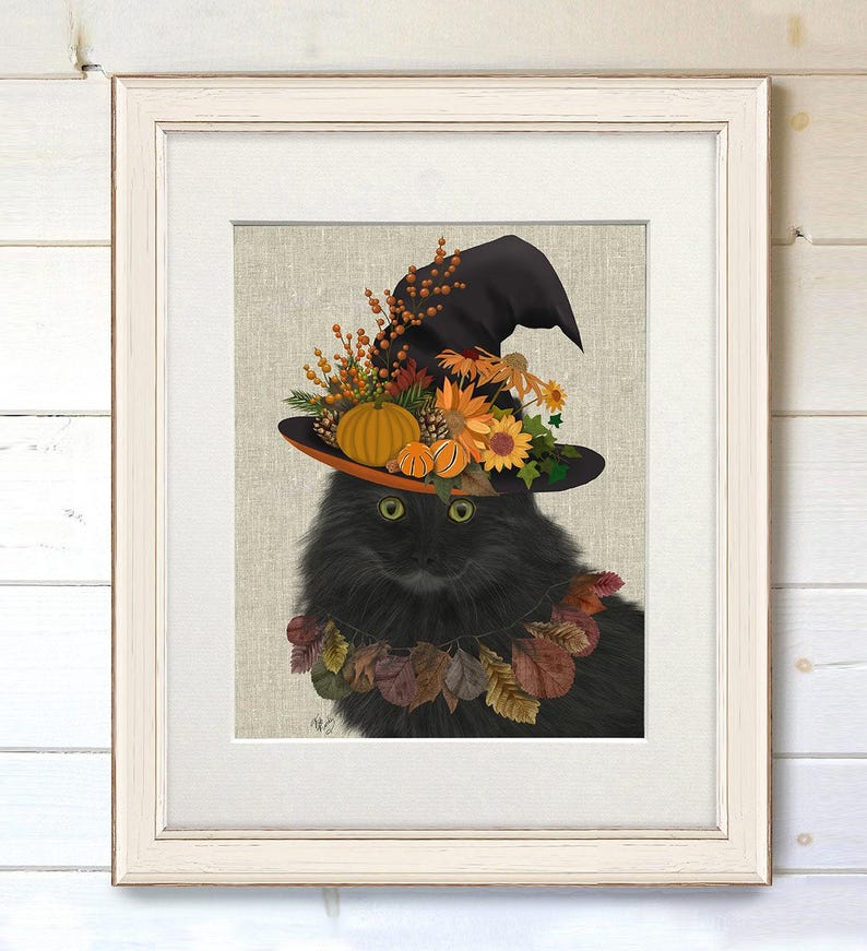 Retrato de Gato Preto com Chapéu de Outono – Decoração de Halloween, Pôster em Tela Artística imagem 10
