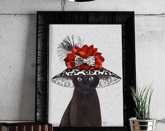 Black Cat print - Cat and Fabulous Hat Black cat art black cat poster gift for mom birthday fashion print funny cat hostess gift girlfriend