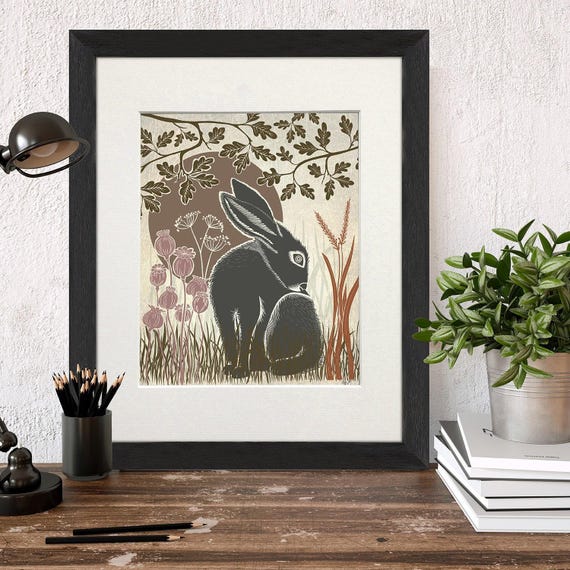 Hare wall art, Moon art print, Country style decor, Rabbit picture, Cute bunny art, Kids room decor, Neutral color canvas, Country home gift