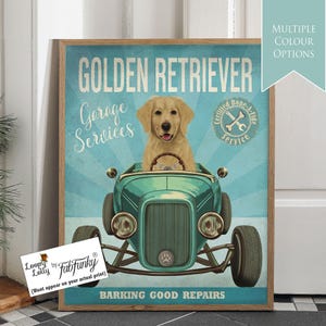 Stampa artistica di un cane Golden Retriever in un'auto hot rod, poster di un'officina, cane divertente in stile vintage, stampa personalizzata di un'auto classica, decorazione da parete per garage