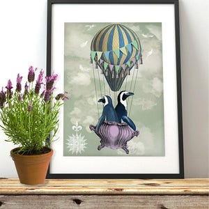 Penguin print - Flying Penguins - penguin decor penguin girls room decor penguin poster Hot air balloon decor theme penguin illustration
