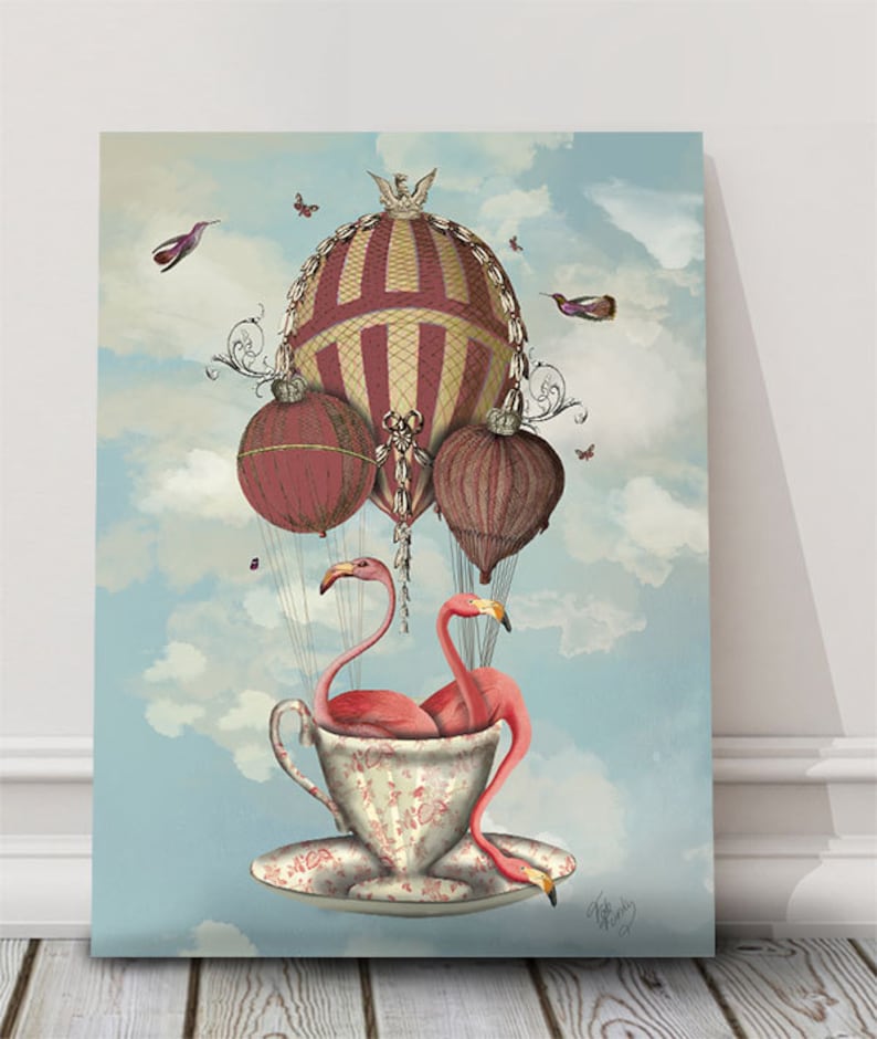 Pink Flamingos Teacup Pink Flamingo print pink Flamingo art print pink Flamingo Poster Nursery Art Kids Rooms hot air balloon wall art image 1