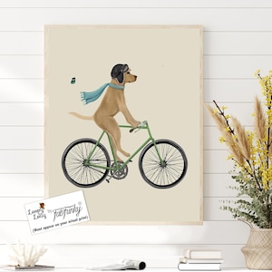 Labrador Yellow on bicycle Yellow lab print Dog on bicycle Bicycling Bike lover gift Cycling Dog gift Funny dog print Labrador retriever