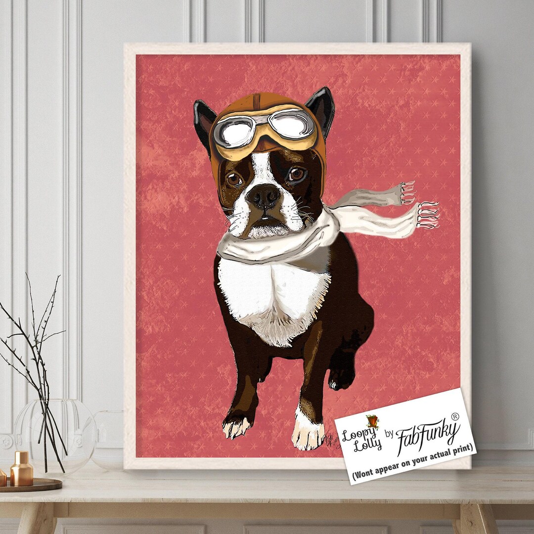 ボストンテリアの絵、ゴーグルをつけた面白い犬のフライングエース、犬