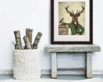 Deer poster British wildlife art, Portrait Deer & Bamboo cage - Deer Fine Art Print stag poster stag print digital painting fantasy deer