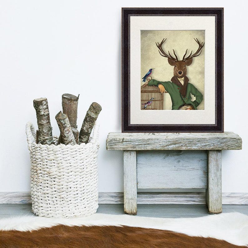 Deer poster British wildlife art, Portrait Deer & Bamboo cage - Deer Fine Art Print stag poster stag print digital painting fantasy deer image 1