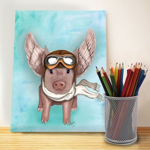 Aviator Piggy  - Flying pig illustration flying pig print children's decor kids room decor pig picture Wall Decor Wall hanging Wall art