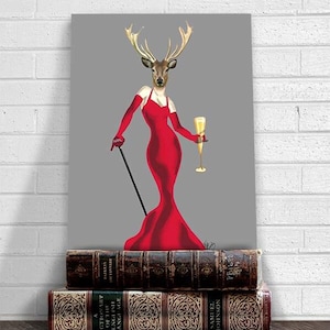 Glamour Deer Red - Deer print deer picture gift for mom funny animal dining room wall art cute gift for girlfriend valentine gift ideas