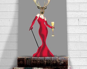 Glamour Deer Art Print – Funny Animal in Red Dress