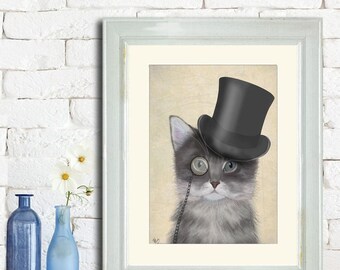 Katze im Zylinder Hut Kunstdruck – Graues Kätzchen mit Monokel