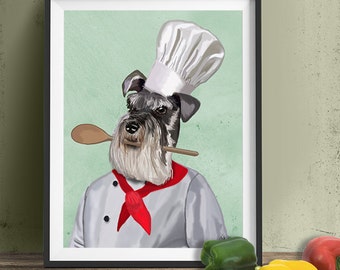 Schnauzer Miniature Chef Art Print Illustration Poster Wall Decor hanging Wall Art Dog Print Chef Print Kitchen Dog picture painting