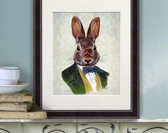 Rabbit Nursery - Green Jacket Rabbit Print bunny illustration Bunny nursery art rabbit nursery print Rabbit poster Romantic gift cute rabbit