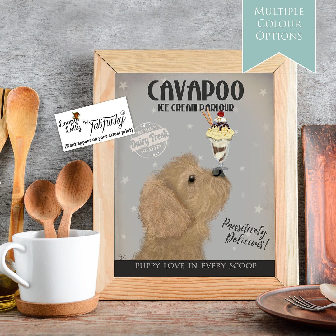 Gold Cavapoo Art Print, Cute Dog With Ice Cream, Kitchen Wall Art for ...