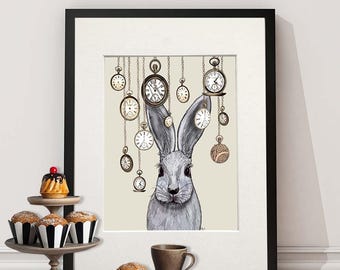 Alice in Wonderland Print - Rabbit Time - white rabbit alice in wonderland decor rabbit art rabbit print rabbit painting rabbit wall art