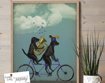 Labrador Black decor - Black Labrador on tandem - Black lab lover Labrador retriever Tandem bike Tandem bicycle Black lab decor Cyclist art