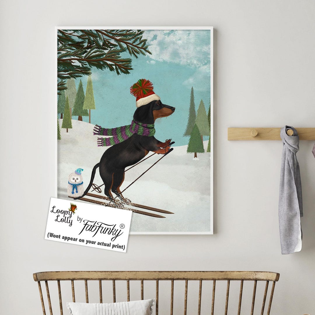 Dachshund Art Print, Doxie on Skis, Vintage Ski Cabin Wall Decor