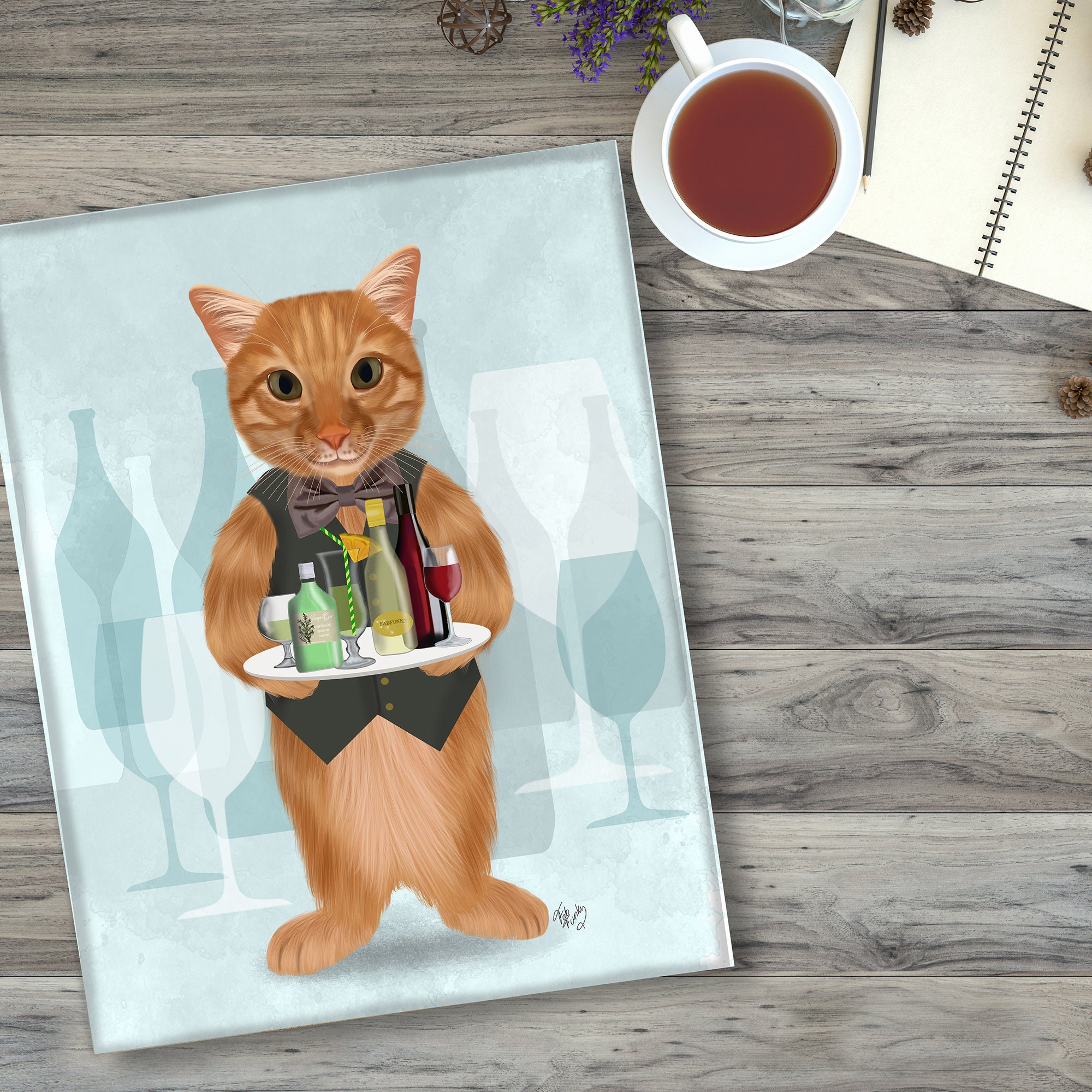 Ginger Cat Print, Cute Print of a Cat Cocktail Waiter for Wine Bar Decor or  Gin Bar, Framed or Unframed Art Made in Uk, Gift for Cat Lover 