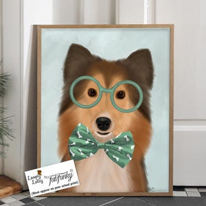 Shetland Islands dog - Shetland sheepdog glasses and bow tie - Sheltie print Sheltie decor Sheltie art Dog painting Gift for dog lover