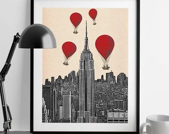 Empire State Building Art Print, rote Heißluftballons, New York Wanddekor