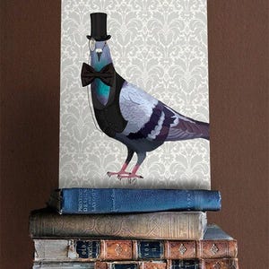 Pigeon in Waistcoat & Top Hat, Bird Print Animal Painting Wall Decor Wall hanging Wall Art Bird in Hat with Monocle, Bird picture
