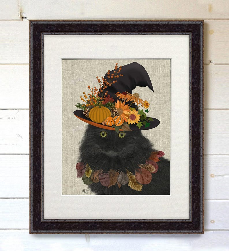 Retrato de Gato Preto com Chapéu de Outono – Decoração de Halloween, Pôster em Tela Artística imagem 9