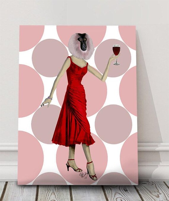 monkey in a red dress Monkey Red Dress - Funny Office Decor Leaving Gift Leaving Present Home  Office Decor Home Bar Decor Cocktail Art Cocktail Hour Kitchen