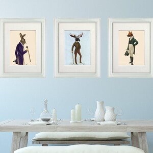 Set of 3 prints, Anthropomorphic, Hare print, Moose wall art, Fox picture, Woodland animal art, Collection of art, Rabbit decor Large canvas image 3
