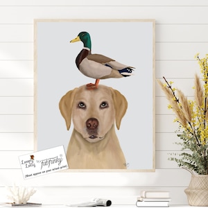 Labrador and Duck Yellow Labrador print dog print dog art print dog wall decor gift for dog lover Labrador lover dog wall art cute