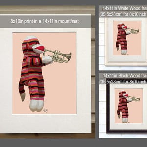 Music room decor - Sock Monkey Playing Trumpet - Music room art gift for musician musical nursery print cute art sock monkey art idea image 2