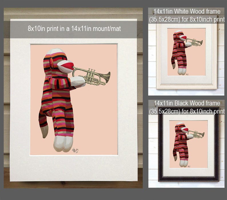 Music room decor - Sock Monkey Playing Trumpet - Music room art gift for musician musical nursery print cute art sock monkey art idea image 2