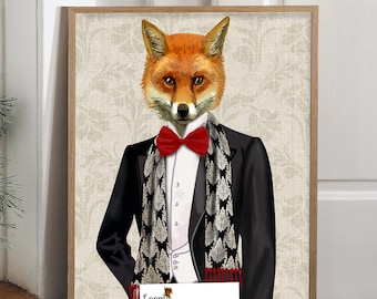 Fox Art Print, Sophisticated Animal Wall Art, Fox Lover Gift, Gentleman Fox in Tuxedo, Office Wall Art, gifts for him, Quirky Study Decor