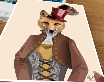 Steampunk Fox Wall Art, Cute Female Fox Art Print, Country Home