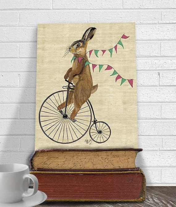 Rabbit On Penny Farthing - Bike print bicycle art print cycling decor cyclist gift Nursery print art for kids rooms children's room decor