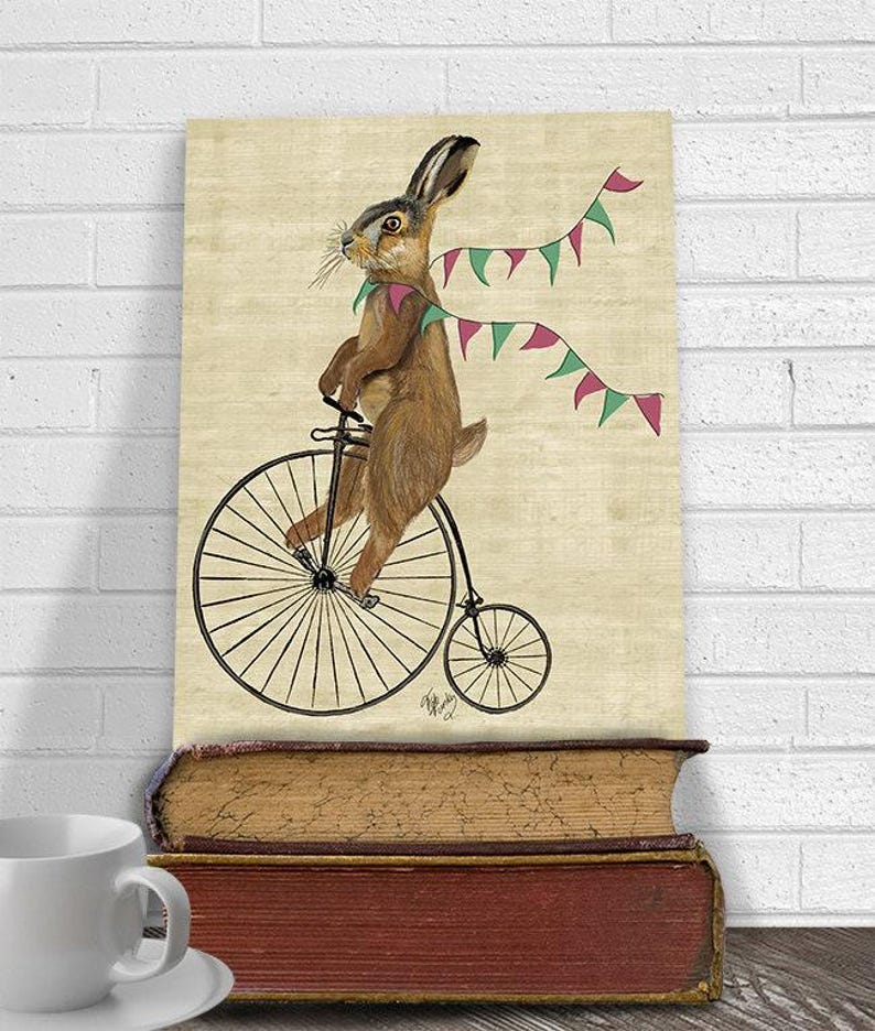 Impression d'art Lapin sur Penny Farthing – Décoration de chambre de bébé fantaisiste image 1