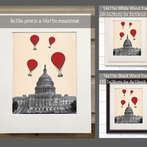 US Capitol Building Red Hot Air Balloons Digital Illustration Drawing Poster Digital Print Wall Art Wall Decor Wall Hanging image 2