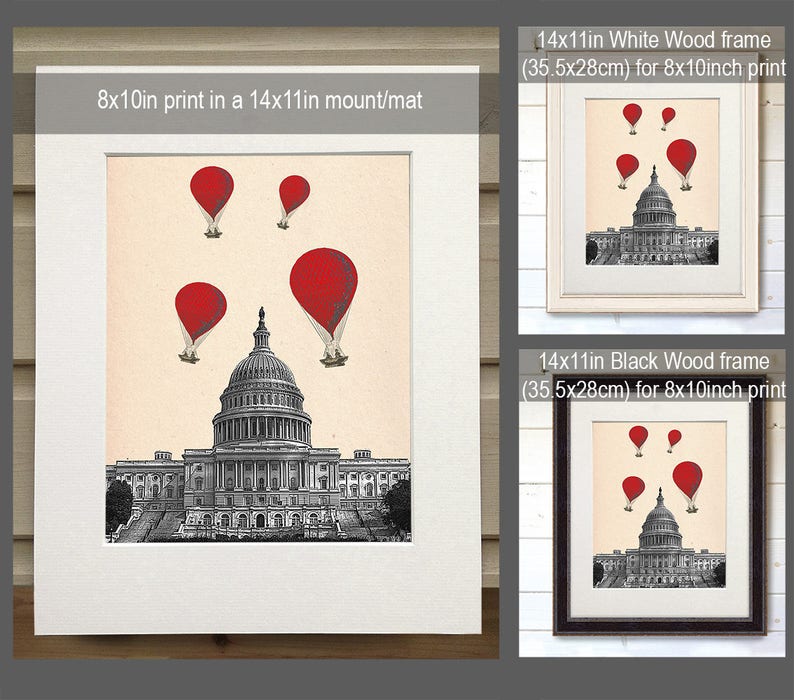 US Capitol Building Red Hot Air Balloons Digital Illustration Drawing Poster Digital Print Wall Art Wall Decor Wall Hanging image 2