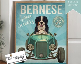 Bernese Mountain Dog Art Print, Hot Rod Car, Garage Wall Decor