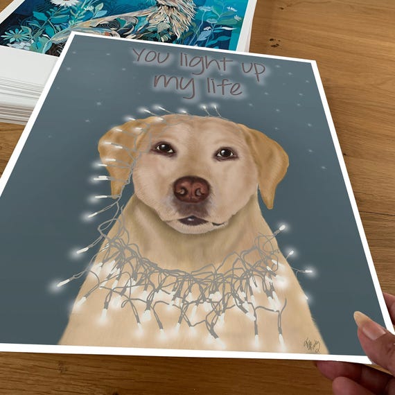 Yellow Lab Art Print, Fairy Lights, Valentine's Day Dog Portrait