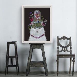 Weiße Katze Kunstdruck: Schmetterling Glasglocke, dunkelgraue Katze-Wand-Dekor