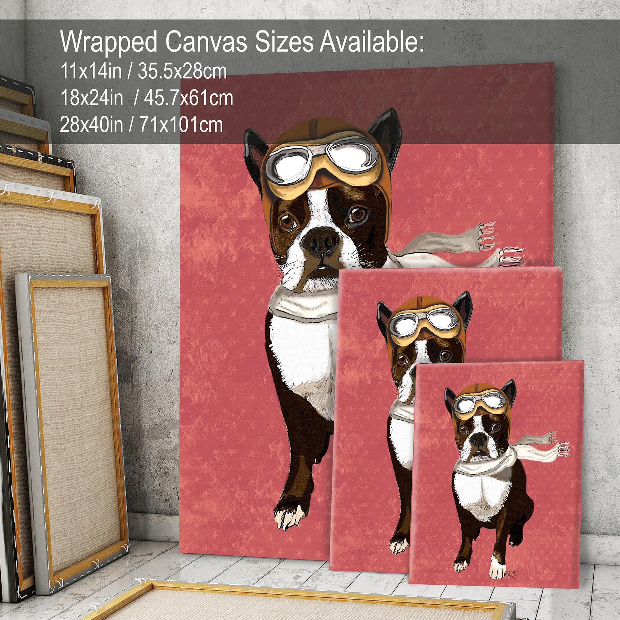 ボストンテリアの絵、ゴーグルをつけた面白い犬のフライングエース、犬