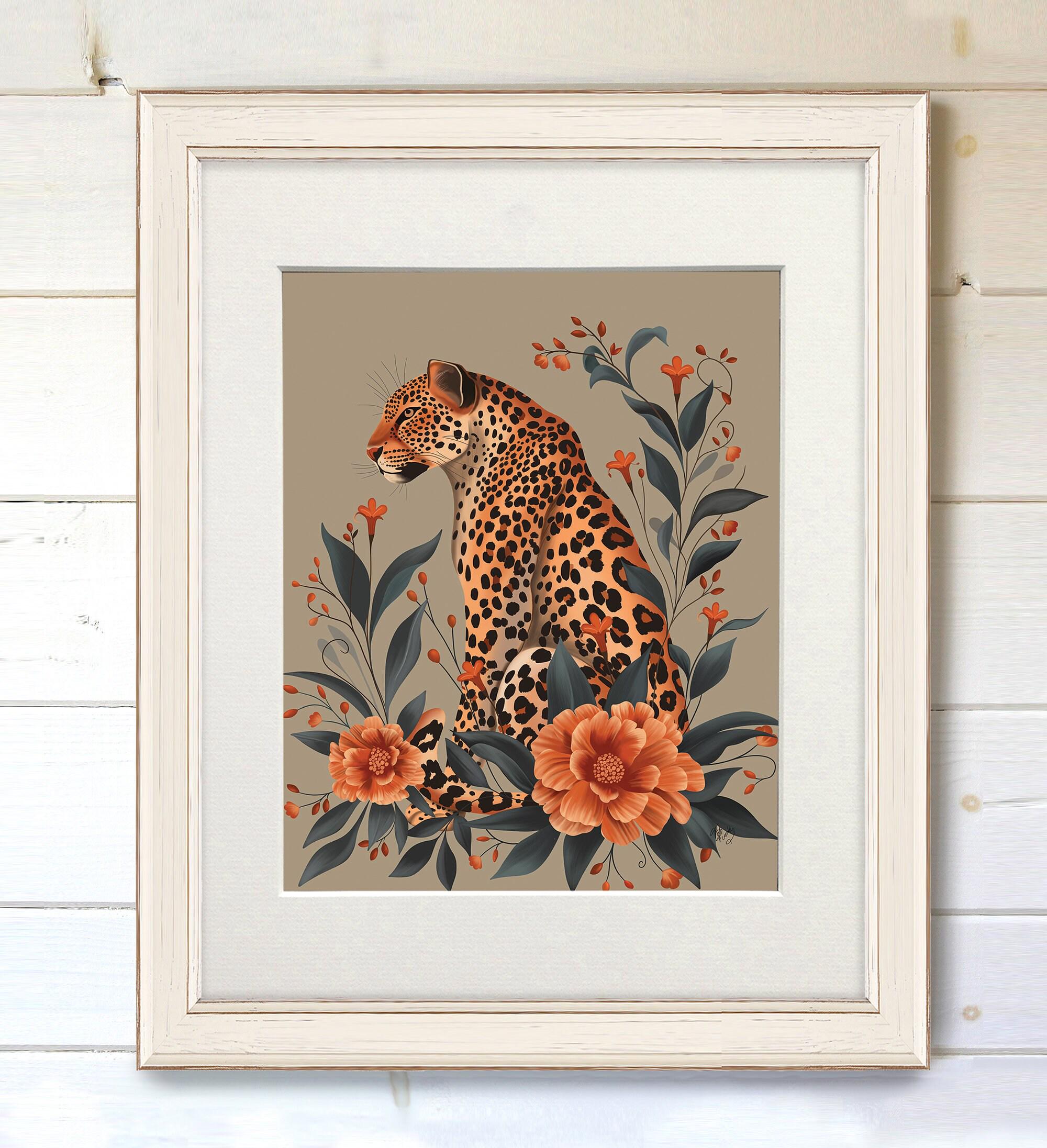 Leopard & Orange Flowers Art Print: Fabfunky Exotic Jungle Decor