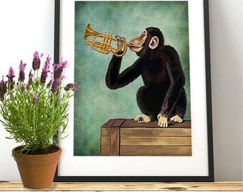 Monkey Trumpet Giclée Print – Whimsical Nursery Art