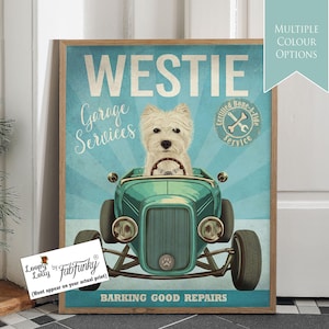 Stampa artistica di un cane West Highland Terrier in un'auto hot rod, poster di un'officina, cane divertente in stile vintage, stampa personalizzata di un'auto classica, arte murale per garage