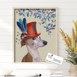 Wydruk z nadrukiem na prezent z chartem - Pies Milliners - Sztuka charta Wydruk z chartem Miłośnik chartów Prezent z chartem Grafika ścienna z chartem Czapka charta